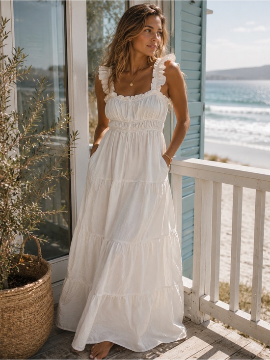 Altar'd State Dresses & Skirts - Altar’d State White Cotton Tiered Maxi Dress Pockets Cottagecore M